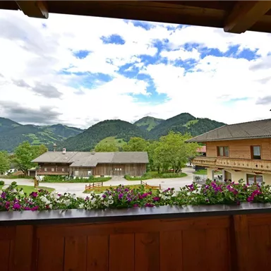 A peaceful landscape with mountains and green trees. In the foreground, colorful flowers bloom on a wooden railing.
