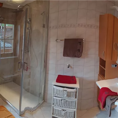 A modern bathroom with a shower, a sink, and wooden shelves. Large windows provide plenty of daylight.