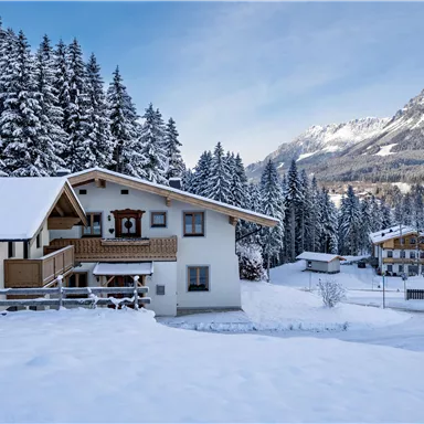 Ein schönes Haus im Schnee, umgeben von hohen Tannenbäumen. Im Hintergrund sind schneebedeckte Berge sichtbar.