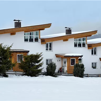Drei moderne Häuser im Schnee, umgeben von niedrigen Bäumen. Der Himmel ist bewölkt und die Berglandschaft ist leicht sichtbar.