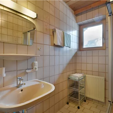 Ein modernes Badezimmer mit einer Dusche, einem Waschbecken und einem großen Spiegel. Die Wände sind gefliest und es gibt ein Fenster, das natürliches Licht hineinlässt.