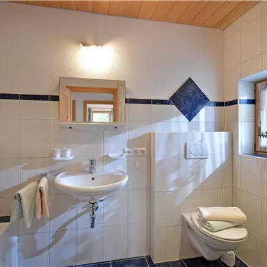 Ein modernes Badezimmer mit einer weißen Wandfliese und einem Holzdecken. Es verfügt über ein Waschbecken, ein WC und ein Fenster mit einer Pflanze.