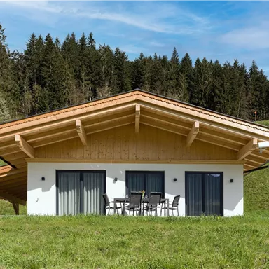Ein modernes Haus mit Holzverkleidung inmitten einer grünen Wiese. Im Vordergrund stehen Stühle und ein Tisch auf der Terrasse.