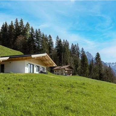 Ein modernes Haus liegt in einer grünen Wiesenlandschaft, umgeben von Bäumen. Im Hintergrund sind Berge und ein klarer blauer Himmel zu sehen.