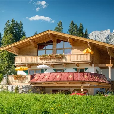 Ein schönes Holzhaus in den Bergen, umgeben von grünen Wiesen und hohen Fichten. Im Hintergrund sind majestätische Berge sichtbar.