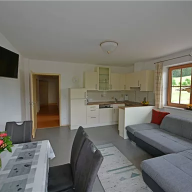 A modern apartment with an open kitchen and a cozy living area. Large windows provide plenty of natural light and a view of the greenery.