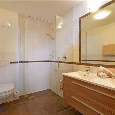 A modern bathroom with a glass shower and a wooden vanity. There are bright tiles and handy bathroom accessories.