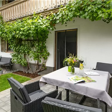 A cozy outdoor area with a table and chairs, surrounded by vines. The lawn and plants create a pleasant atmosphere.
