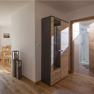 Ein heller Eingangsbereich mit Holzfußboden und modernen Möbeln. Der Raum führt zu einem Badezimmer mit einer Dusche.