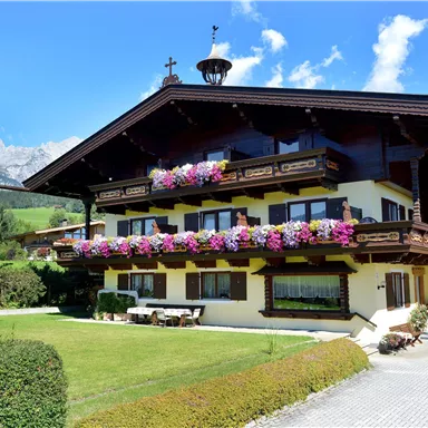 Ein charmantes alpenländisches Haus mit bunten Blumen auf dem Balkon. Im Hintergrund sind grüne Wiesen und hohe Berge zu sehen.