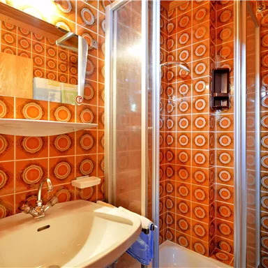 Ein kleines Badezimmer mit einer Duschkabine und einer modernen Ausstattung. Die Wände sind mit orangefarbenen Fliesen dekoriert.