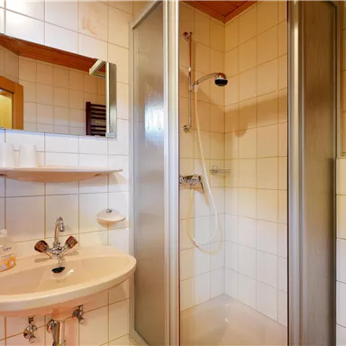 A modern bathroom with a shower, sink, and mirror. The walls are tiled with light tiles and there are towels on a shelf.