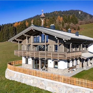A modern wooden house in the midst of a green meadow landscape. In the background, there are trees and a blue sky.