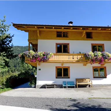 Ein charmantes Holzhaus mit blühenden Balkonkästen inmitten einer grünen Landschaft. Im Hintergrund sind sanfte Hügel und ein blauer Himmel zu sehen.