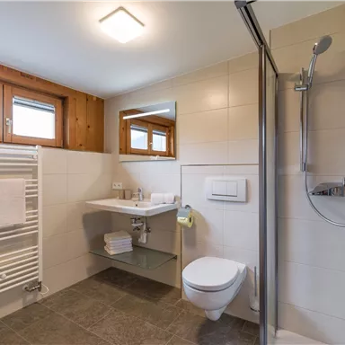 Ein modernes Badezimmer mit Dusche, Toilette und einem großen Spiegel. Helle Fliesen und Holz-Elemente sorgen für ein einladendes Ambiente.