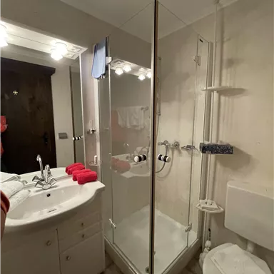 A modern bathroom with a shower cabin, a sink, and a toilet. The walls are painted in neutral colors, and there are red towels.