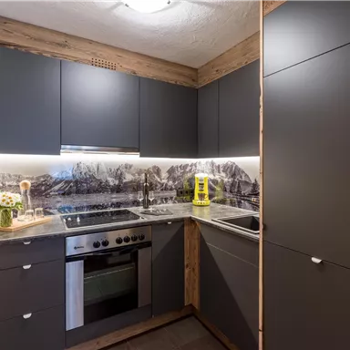 Eine moderne Küche mit dunklen Schränken und einer stilvollen Arbeitsplatte. Im Hintergrund sind dekorative Berglandschaften sichtbar.