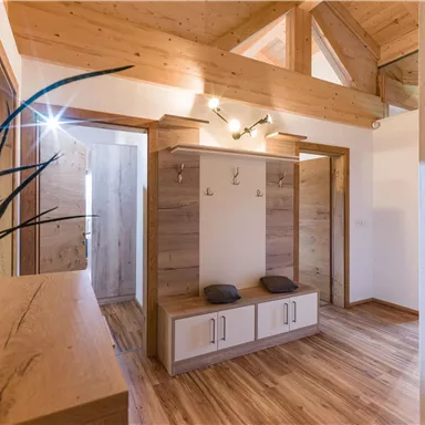 A bright entrance area with wood paneling and natural light. There is a coat rack with seating and plants.