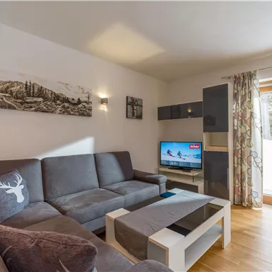 Ein modernes Wohnzimmer mit einer grauen Couch und einem Flachbildfernseher. Große Fenster bringen viel Tageslicht in den Raum.