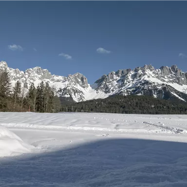 A snow-covered landscape with majestic mountains in the background. The sky is clear and blue, making the winter scene come alive.