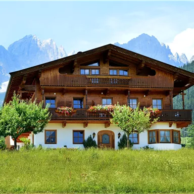 Ein traditionelles Holzhaus mit Balkonen und blühenden Pflanzen. Im Hintergrund sind majestätische Berge und eine grüne Wiese zu sehen.