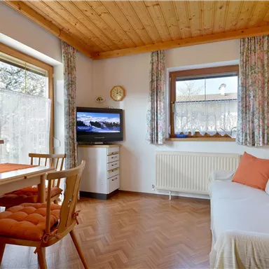 Ein gemütlicher Wohnraum mit Holzboden und Holzdecke. Er hat ein Sofa, einen Esstisch und große Fenster, die viel Licht hereinlassen.