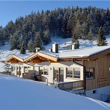Ein gemütliches Holzhaus in einer schneebedeckten Landschaft. Im Hintergrund sind verschneite Bäume sichtbar.