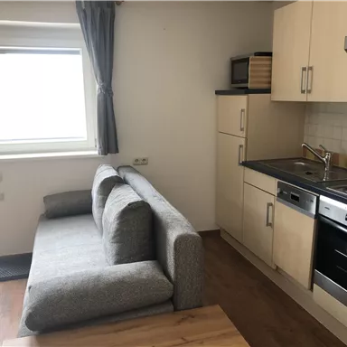 Ein modernes Wohnzimmer mit einem grauen Sofa und einer Küchenzeile. Der Raum hat viel Licht und eine freundliche Atmosphäre.