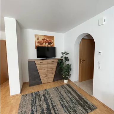 Ein moderner Wohnbereich mit holzfarbenem Möbelstück und einem Fernseher. Ein Teppich und eine Pflanze ergänzen die gemütliche Atmosphäre.