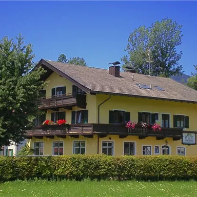 A sunny building with a yellow facade and balconies, surrounded by trees. Flower boxes with colorful plants are attached to the facade.