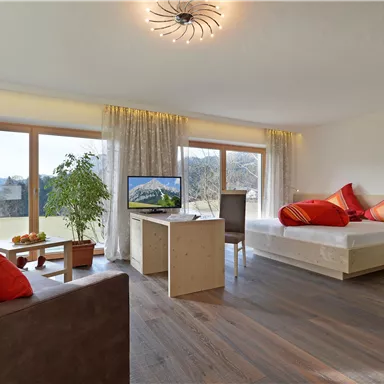 Ein modernes Zimmer mit großem Fenster und Blick auf die Landschaft. Es ist hell und freundlich eingerichtet, mit einem bequemen Sofa und einer eleganten Schlafgelegenheit.
