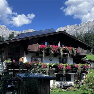 Ein gemütliches Holzhaus mit bunten Blumenkästen und einem schönen Garten. Im Hintergrund erheben sich majestätische Berge unter einem klaren blauen Himmel.