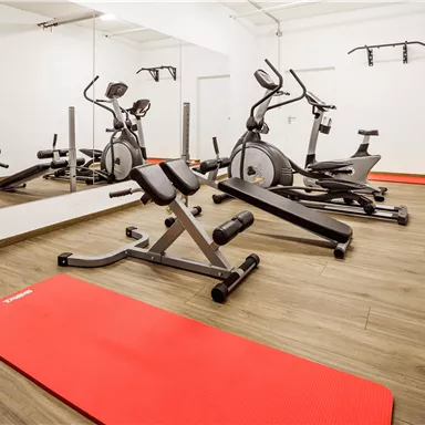 A modernly furnished gym with various training machines. The floor is covered with light wooden tiles, and a red mat is visible.