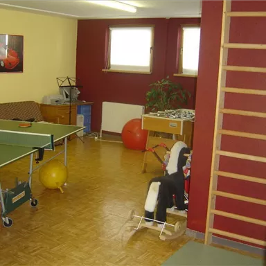 A room with a table tennis table, a couch, and a foosball table. There are also balls and a climbing wall.