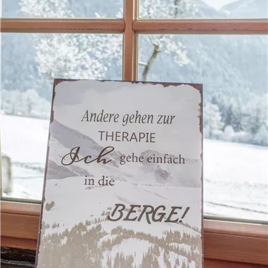 Ein dekoratives Schild steht vor einem Fenster mit Blick auf verschneite Berge. Darauf steht: "Andere gehen zur THERAPIE, Ich gehe einfach in die BERGE!"
