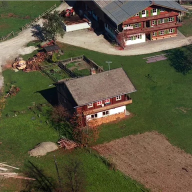 A rural property with several wooden houses and a large garden. The surroundings are green with a paved path.