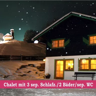 Ein Chalet in winterlicher Landschaft mit schneebedecktem Boden. Es hat drei separate Schlafzimmer und zwei Bäder.