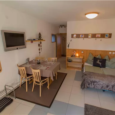 Ein gemütliches Apartment mit einem Esstisch und Stühlen. Die Einrichtung ist modern und freundlich, mit einem Fernseher an der Wand und einem Schlafbereich.