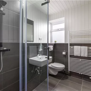 Ein modernes Badezimmer mit einer Dusche, einem Waschbecken und einem WC. Die Wände sind in hellen und dunklen Farbtönen gestaltet.