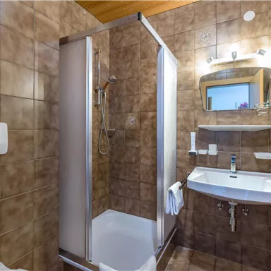 Ein modernes Badezimmer mit einer Dusche und einem Waschbecken. Die Wände sind mit braunen Fliesen gestaltet, und es gibt einen großen Spiegel.