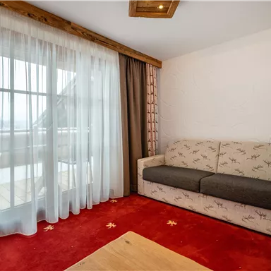 Ein gemütliches Wohnzimmer mit einem Sofa und einem roten Teppich. Die große Fensterfront lässt viel Licht herein und bietet Zugang zu einem Balkon.