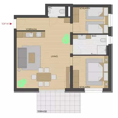 An apartment layout with an open living area that leads to the terrace. There are two bedrooms, a bathroom, and a WC.