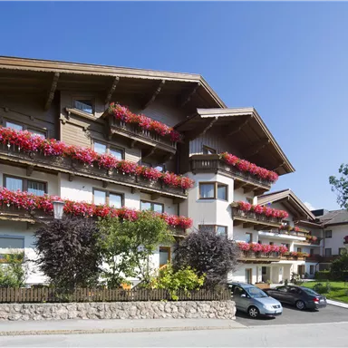 Ein charmantes Gebäude im alpinen Stil mit bunten Blumenbalkonen. Die Umgebung ist grün und einladend, ideal für einen entspannten Aufenthalt.
