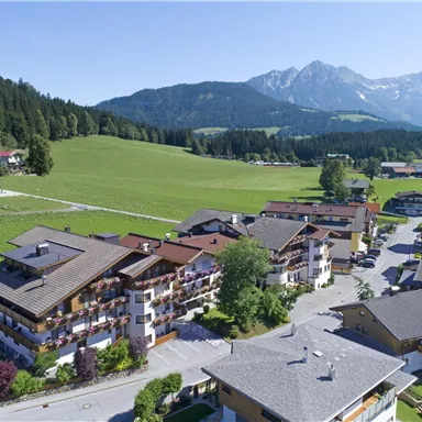 Eine malerische alpine Landschaft mit grünen Wiesen und Bergen im Hintergrund. Die Wohnhäuser sind umgeben von Bäumen und einer ruhigen Umgebung.