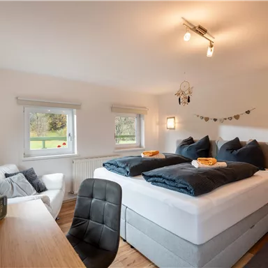 A modern bedroom with a large bed and light walls. There is a desk and a cozy armchair.