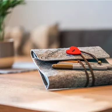 Ein filzartiges Notizbuch mit Stiften liegt auf einem Holztisch. Im Hintergrund ist ein Topf mit einer kleinen Pflanze sichtbar.