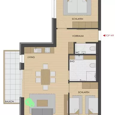 A floor plan drawing of an apartment with three bedrooms, a living area, and two bathrooms. The balcony is also marked, and the rooms are designed in a modern style.
