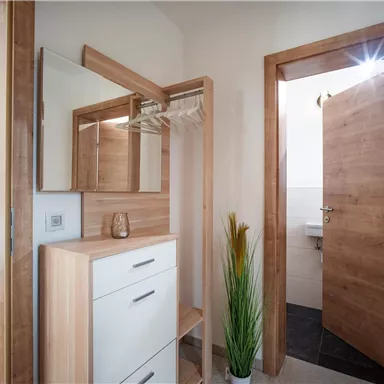 A modern entrance area with wooden details and a mirror. On the left side, there is a bedroom and a door leads to the bathroom.