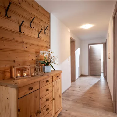 Ein heller Flur mit einer Holzvertäfelung an der Wand und einer Kommode aus Holz. An der Wand hängen mehrere Garderobenhaken und eine Pflanze steht auf der Kommode.