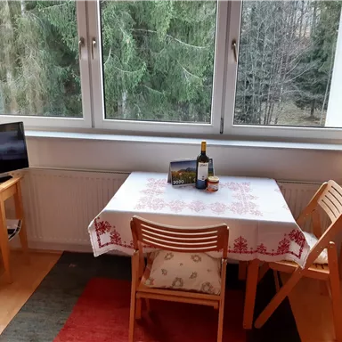 A cozy table with two chairs is placed in front of a window that looks out onto a green forest view. On the table, there is a bottle of wine and a small book.